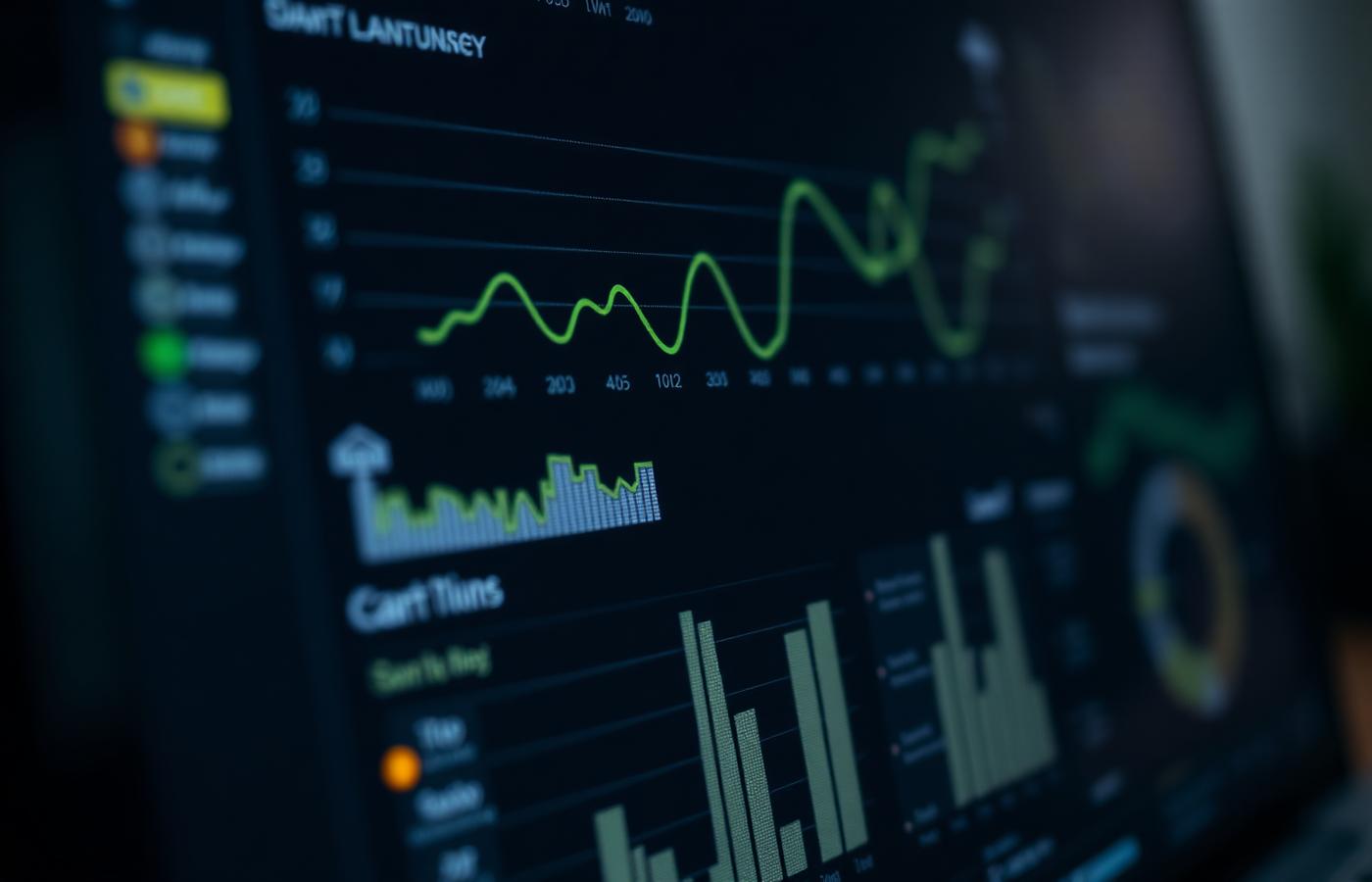 Close-up of a dark analytics dashboard showing line and bar charts