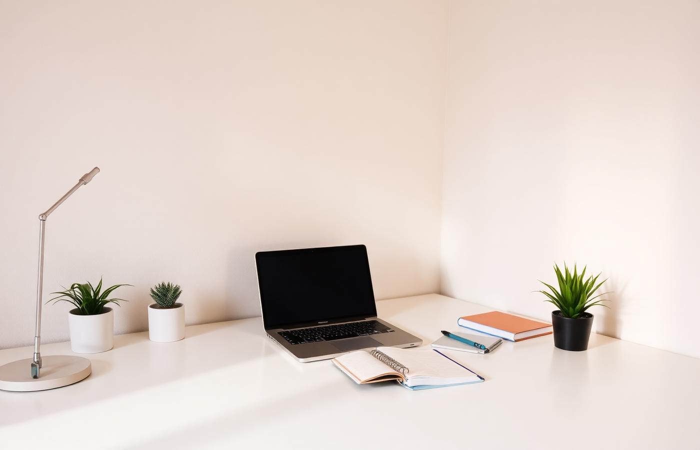 Bright minimal desk with a laptop and notebook, illustrating a working environment